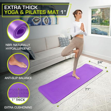 ProsourceFit Extra Thick Yoga and Pilates Mat 1" (25mm), 71-inch Long High Density Exercise Mat with Comfort Foam and Carrying Strap, Purple