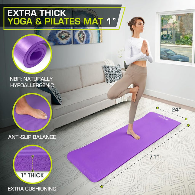 ProsourceFit Extra Thick Yoga and Pilates Mat 1" (25mm), 71-inch Long High Density Exercise Mat with Comfort Foam and Carrying Strap, Purple