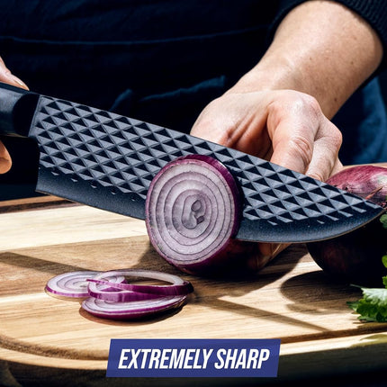 Blue Diamond Sharp Stone Non-Stick Stainless Steel Cutlery, 3 Piece Knife Set, 20cm Chef, 13cm Serrated, 9cm Pairing, Anti-Rust, Easy Release Diamond Texture Blade, Japanese Knife, Blue
