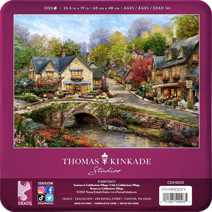 Ceaco - Thomas Kinkade - Summer in Cobblestone Village - 1000 Piece Jigsaw Puzzle for Adults - Collectible Tin Case - Finished Size is 26.6 x 19