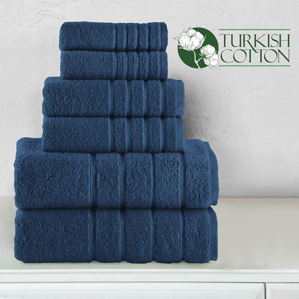 Elegant Comfort 4 Lines Viscose Stripe 6-Piece Premium Towel Set - 100% Turkish Cotton High Absorbent Luxury Bathroom Towels – Includes 2 Washcloths, 2 Hand Towels and 2 Bath Towels Set, Navy Blue