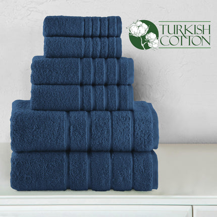 Elegant Comfort 4 Lines Viscose Stripe 6-Piece Premium Towel Set - 100% Turkish Cotton High Absorbent Luxury Bathroom Towels – Includes 2 Washcloths, 2 Hand Towels and 2 Bath Towels Set, Navy Blue