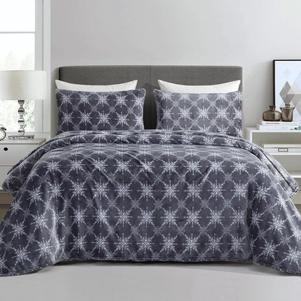 Elegant Comfort Luxuriously Soft 4-Piece Holiday Velvet Plush Flannel Sheet Set - Premium Quality - Cozy Warm, Christmas Fuzzy Velvet Flannel Fleece Deep Pocket Sheet Set - Cal King, Gray Snowflake