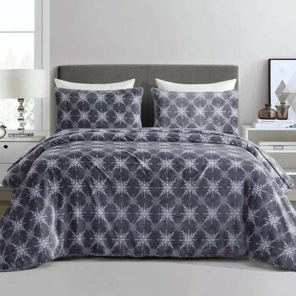Elegant Comfort Luxuriously Soft 4-Piece Holiday Velvet Plush Flannel Sheet Set - Premium Quality - Cozy Warm, Christmas Fuzzy Velvet Flannel Fleece Deep Pocket Sheet Set - Twin XL, Gray Snowflake