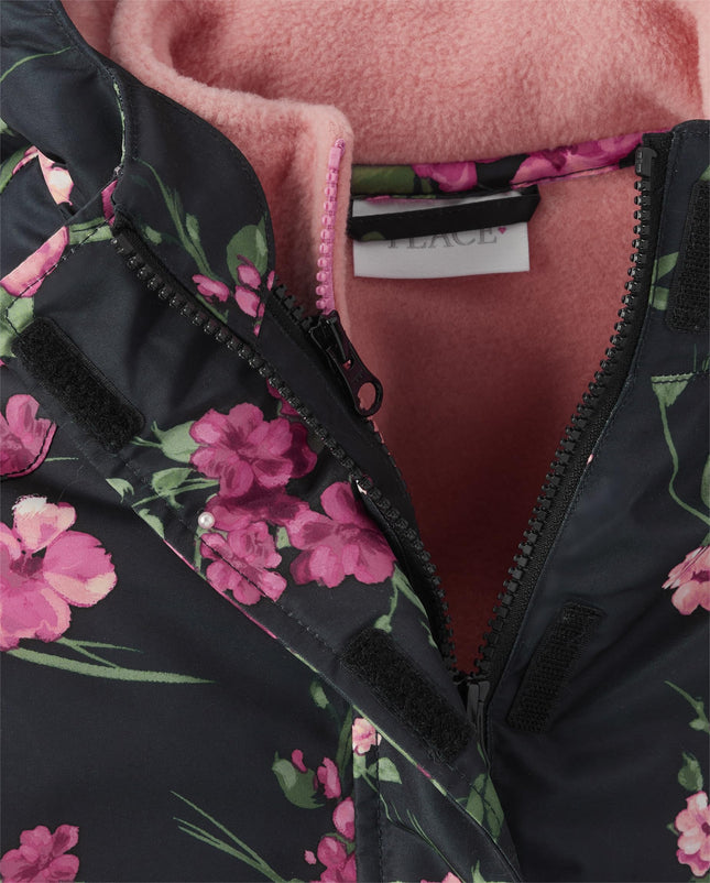 The Children's Place Girls' Heavy 3 in 1 Winter Jacket, Wind Water-Resistant Shell, Fleece Inner, Black Floral, XX-Large