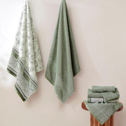 Modern Threads 6 Piece Set, 2 Bath Towels, 2 Hand Towels, 2 Washcloths Yarn Dyed Jacquard/Solid Towel Set Ophelia Dark Sage