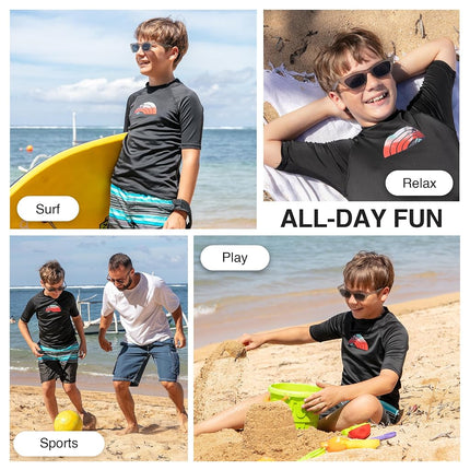 Kanu Surf Camiseta de natación de manga corta de protección solar UPF 50+ con estampado de olas para niños, Bora Bora Black, 12