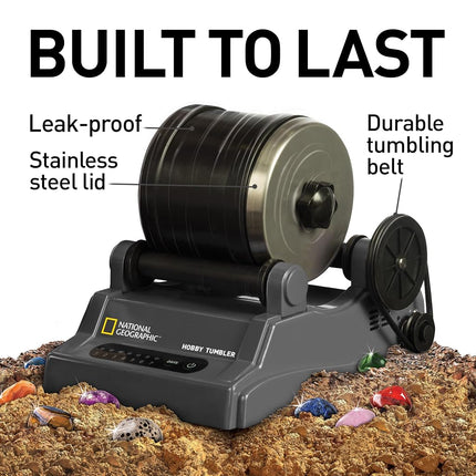Kit de polissage de pierres National Geographic Hobby Rock Tumbler - Polisseur de pierres pour enfants et adultes, baril à réduction de bruit, grains de polissage, 1,1 kg de pierres précieuses brutes et mélange de jaspe, excellent kit de passe-temps STEM