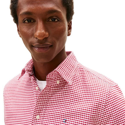 Tommy Hilfiger Men's Heritage Oxford Gingham Regular Long Sleeve Shirts, Medium RED/Check X-Large