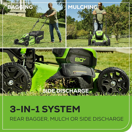 Greenworks 80V 21� Brushless (Push) Cordless Electric Lawn Mower + (500 CFM) Axial Leaf Blower + 13� String Trimmer (75+ Compatible Tools), (2) 2.0Ah Batteries and 30 Minute Rapid Charger