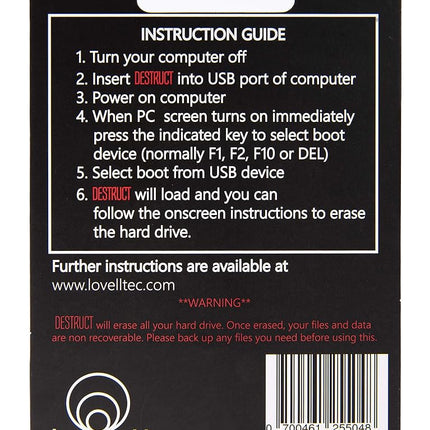 Destruct USB gadget - Herramienta de borrado de datos de computadora - Borre su disco duro - Destrucción de grado militar l Borre todos sus datos l Borrado de disco duro de PC l Venda su laptop limpia