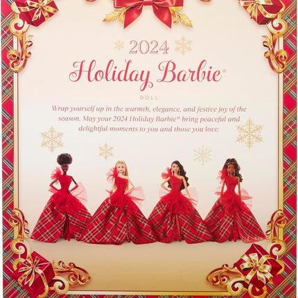 Barbie 2024 Holiday Dolls, Seasonal Collector Gift, Signature, Plaid Gown with Red Bow, Displayable Packaging, Dark Brown Hair