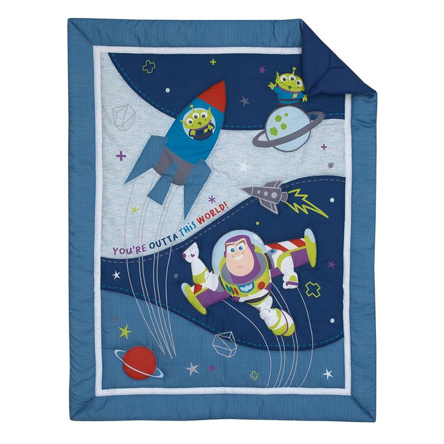 Disney Toy Story Outta This World Blue and Gray 3 Piece Nursery Crib Bedding Set - Comforter, Fitted Crib Sheet, and Crib Skirt, Navy (4763276P)