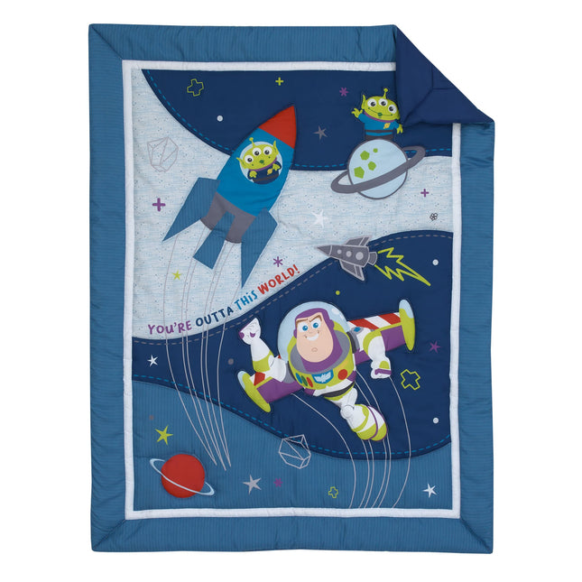 Disney Toy Story Outta This World Blue and Gray 3 Piece Nursery Crib Bedding Set - Comforter, Fitted Crib Sheet, and Crib Skirt, Navy (4763276P)