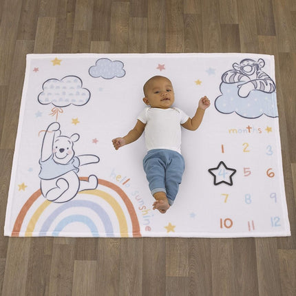 Disney Winnie The Pooh Multi Rainbow and White Super Soft Milestone Baby Blanket, Light Blue (5061259P)