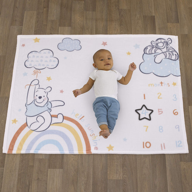 Disney Winnie The Pooh Multi Rainbow and White Super Soft Milestone Baby Blanket, Light Blue (5061259P)