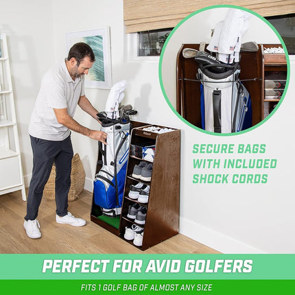 GoSports Premium Wooden Golf Bag Organizer and Storage Rack – Black, Brown, and White