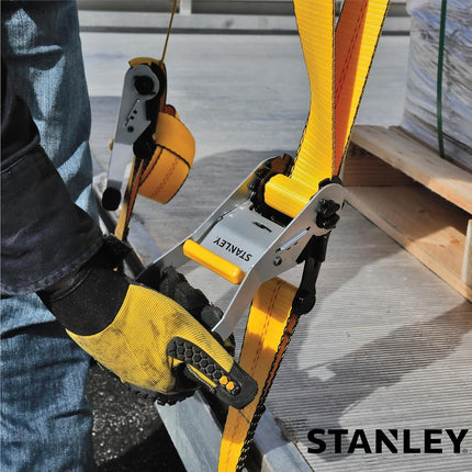 STANLEY S10000F Black/Yellow 2" x 27' Ratchet Strap with Flat Hooks - 3,333 LBS Safe Working Load / 10,000 LBS Break Strength