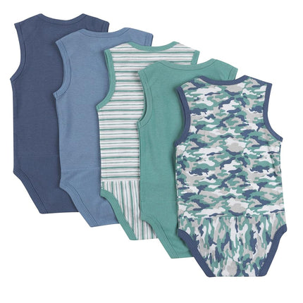 Hanes unisex-baby Baby Bodysuits, Ultimate Flexy Sleeveless for Boys & Girls, 5-pack, Dusty Blue/Green, 12-18 Months