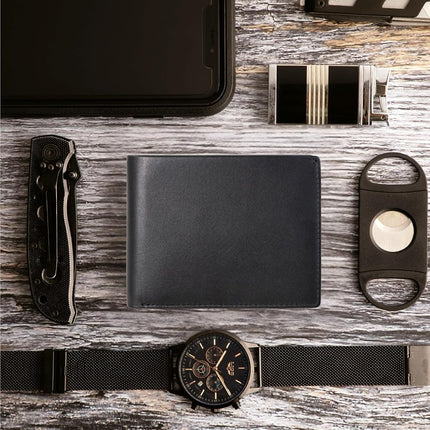 Portefeuille en cuir RFID pour hommes avec porte-carte d'identité escamotable en cuir de buffle vintage marron, SANS logo - Cuir nappa noir lisse, Classique
