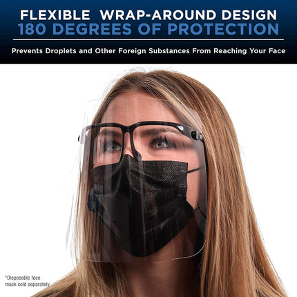TCP Global Salon World Safety Face Shields with Black Glasses Frames (Pack of 25) - Ultra Clear Protective Full Face Shields to Protect Eyes, Nose, Mouth - Anti-Fog PET Plastic, Goggles