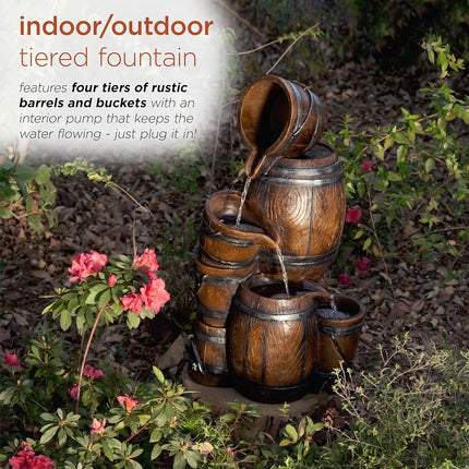 Alpine Corporation 24" H Indoor/Outdoor Tiered Barrels and Buckets Fountain, Brown