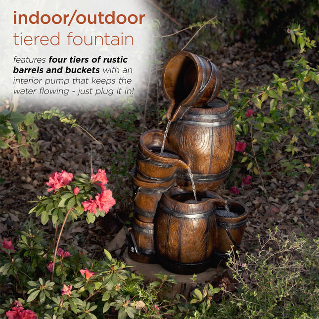 Alpine Corporation 24" H Indoor/Outdoor Tiered Barrels and Buckets Fountain, Brown