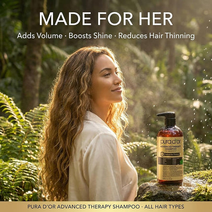 PURA D'OR 16 Oz Advanced Therapy Shampoo Reduces Hair Thinning & Increases Volume, No Sulfate, Biotin Shampoo Infused with Argan Oil, Aloe Vera for All Hair Types, Men & Women