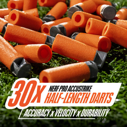 Lanzador semiautomático NERF Pro Stryfe X de dardos, batería recargable LiPo, 30 dardos AccuStrike de media longitud, cargador de 15 dardos, 150 FPS, gafas, 14+ (exclusivo de Amazon)