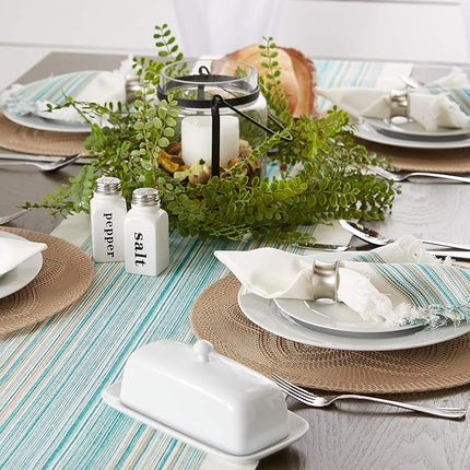 DII Fringed Stripe Tabletop, Table Runner, Cotton, Teal, 14x72
