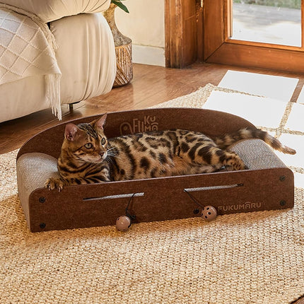 FUKUMARU 26 Inch Cat Scratcher Cardboard Lounge Bed, Durable Cat Scratcher Bed Large Lounger, 2 Reversible Cat Scratching Pads for Indoor Cats, Recyclable Cat Scratch Bed Cardboard with Bell Ball Toy