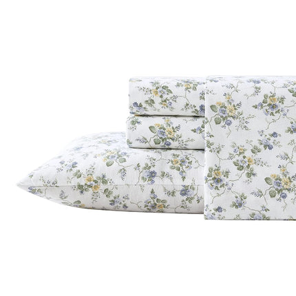 Laura Ashley Home | Flannel Collection Cotton Bedding Sheet Set, Pre-Shrunk & Brushed For Extra Softness, Comfort, and Cozy Feel, Twin, Le Fleur Cottage Blue