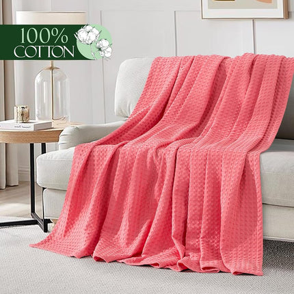 Elegant Comfort Premium 100% Cotton Waffle Blanket - Lightweight Breathable Waffle Weave Bed Blanket - Soft and Warm All Season Blanket for Couch, Sofa and Bed, Twin Size 68x88 Inches, Coral
