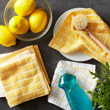 DII 100 % algodón, lavable a máquina, ultraabsorbente, paños de cocina de felpa de 30 x 30 cm para uso diario, diseño de cuadrícula, juego de 6, amarillo
