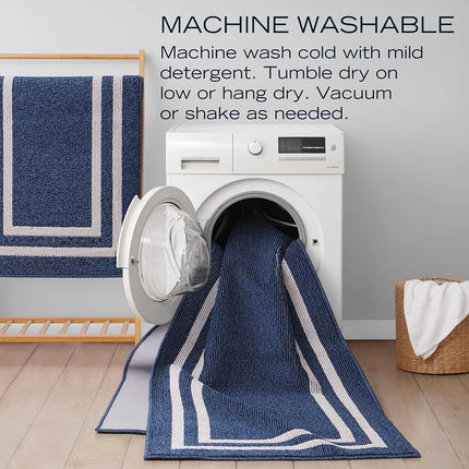 Nautica – Runner Rug | Indoor Runners for Hallways and Entry Rugs| Non-Slip and Non-Skid Entry and Kitchen Door Mat| Machine Washable Entryway Carpet Rugs | 2'6" x 10' | Double Border Denim