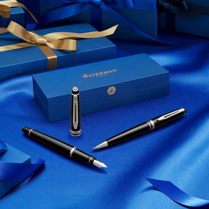 Waterman Expert Ballpoint Pen | Gloss Black with 23k Gold Trim | Medium Tip | Blue Ink | Gift Box