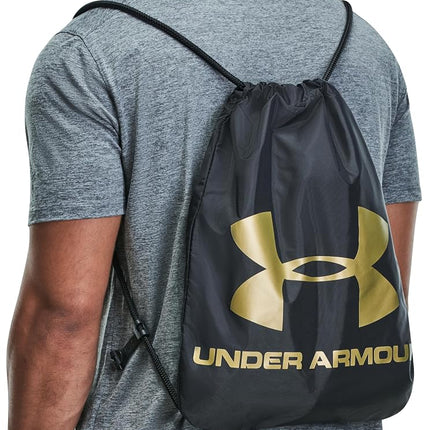Under Armour Unisex Ozsee Sackpack, Water-Resistant Rucksack with Secure Drawstring Close, Durable Casual Backpack for On The Go,Black / / Metallic Gold,OSFA