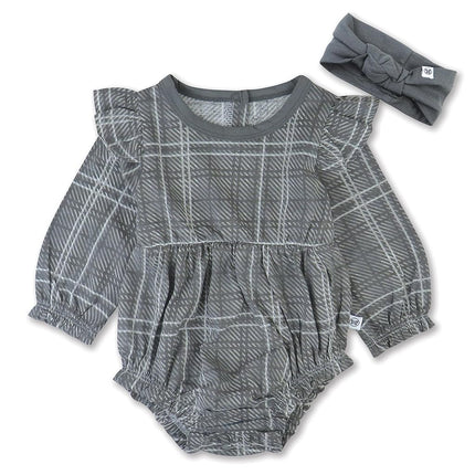 HonestBaby unisex-baby Bubble Romper and Headband Set 100% Organic Cotton for Infant Baby and Toddler Boys, Girls, Unisex, 2-pack Gray Plaid, 24 Months
