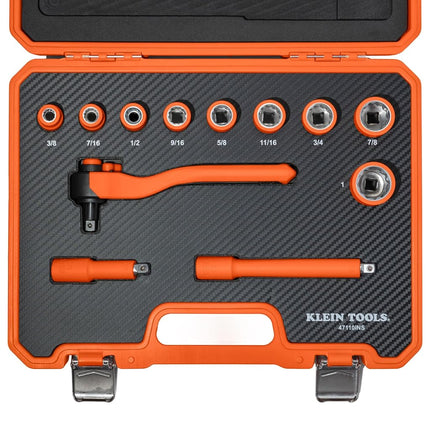 Klein Tools 47110INS Insulated Ratchet and Socket Set, 1000V Rated, ASTM F1505 Certified, Includes 3 and 6-Inch Extension Bars, Class 2 Glove Compatible, Premium Carrying Case
