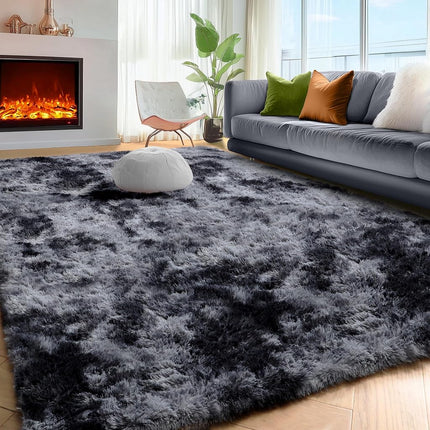 Abstract Fluffy Shaggy Rugs for Living Room Kids Room 5x8 Ft, Tie-Dyed Grey