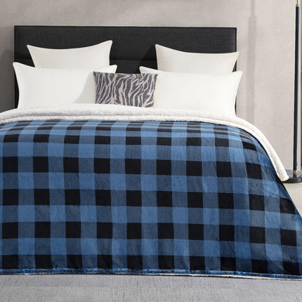 Elegant Comfort Ultra Soft Reversible Buffalo Plaid Flannel Sherpa Blanket - Cozy Silky Checkered Fleece Throw for Couch, Bed - Plush Fuzzy Warm Winter Blanket for Gift, Twin XL, Blue