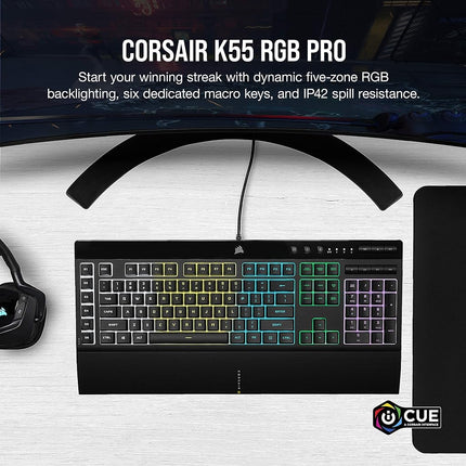 Corsair K55 RGB PRO Wired Gaming Keyboard Membrane � IP42 Anti-Dust and Overflow � 6 Macro Keys with Elgato Integration � Compatible with iCUE � QWERTY NA � PC, Mac, Xbox � Black