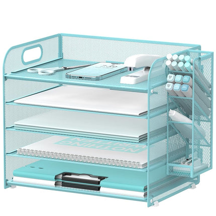 SUPEASY 5 Tier Desk Organizer with Handle & Removable Pen Holders, Mesh Paper/File Organizer for Desk, Paper Letter Tray Organizer for Office Supplies (Blue)