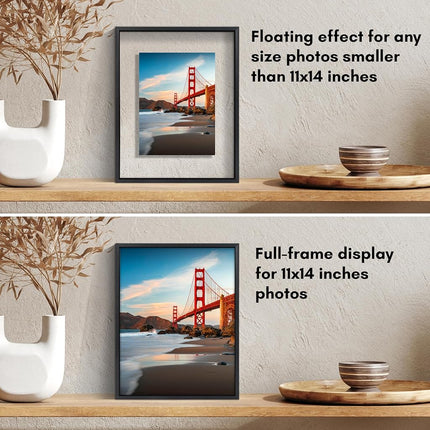 Americanflat Aluminum 11x14 Floating Picture Frame in Black - Use as 11x14 Picture Frame or 8x10 Floating Frame - Photo Frame with Slim Metal Molding and Polished Plexiglass with Hanging Hardware