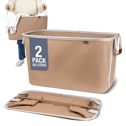 CleverMade Collapsible Fabric Laundry Basket - Premium Foldable Pop Up Storage Bin - Space Saving Hamper with Side Handles Large, Mocha, 2 Pack