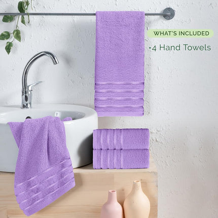 Elegant Comfort 100% Turkish Cotton 4 Lines Viscose Stripe Luxury 4 Pack Hand Towel Set - Ultra Absorbent and Soft 16 x 28 Inch Premium Hotel Spa Quality Towels for Everyday Bath Use, Lilac