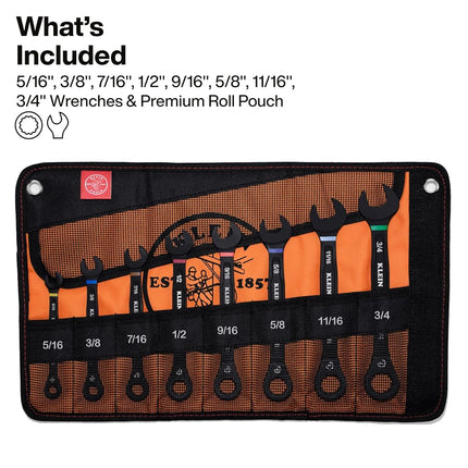 KLEIN TOOLS 69408G Ratcheting Combination Wrench Set, SAE, 5/16 to 3/4 Inch, 90-Tooth Steel Alloy with Foam Pouch, 8-Piece