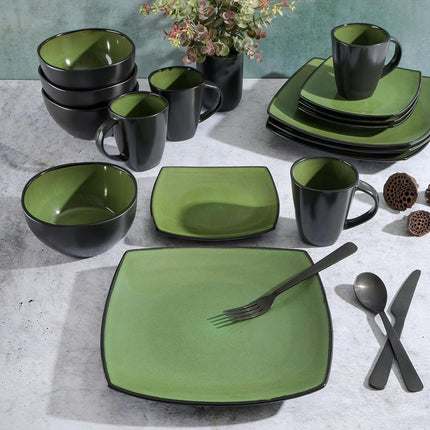 Gibson Soho Lounge Square Reactive Glaze Stoneware Dinnerware Set, Service for 4 (16pc), Green