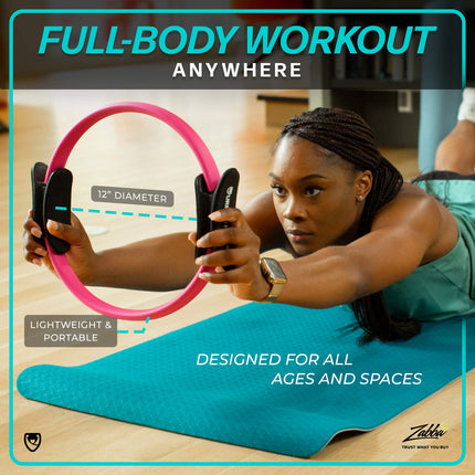 Anillo de pilates URBNFit - Círculo de fitness, ejercitador de suelo pélvico y tonificador de muslos con agarre doble antideslizante, almohadillas de espuma y guía de entrenamiento adicional - Rosa