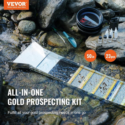 VEVOR Gold Panning Kit With Sluice Box, 50" Aluminum Mining Equipment, 23 PCS Prospecting Kit With Pan, Classifier Screen, Separating Magnet, Drawstring Backpack and Accessories